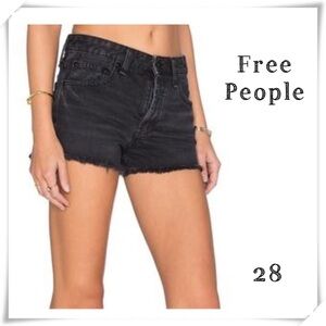 FREE People Uptown Denim Jean Shorts in Black Button Fly Raw Hem Cut Off Size 28